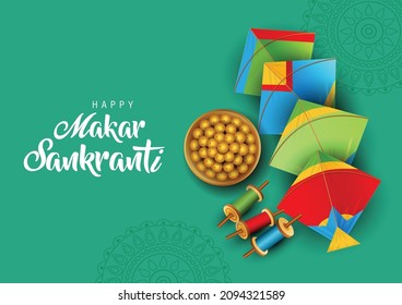 Indian festival Happy Makar Sankranti poster design with group of colorful kites flying. vector illustration design.