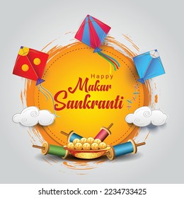 Indian festival Happy Makar Sankranti poster design with group of colorful kites flying cloudy sky. vector illustration design.