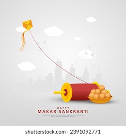 Indian festival Happy Makar Sankranti poster design with kites flying and string spool on cloudy sky. abstract vector illustration design. svg