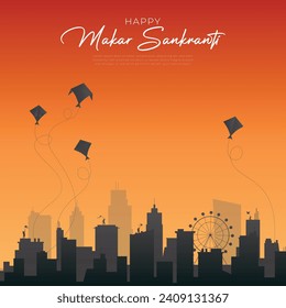 Indisches Festival Happy Makar Sankranti Poster Design mit Drachen fliegen in den Himmel. abstraktes Vektorgrafik-Design.