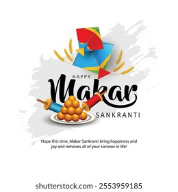 Indian festival Happy Makar Sankranti poster design with group of colorful kites flying cloudy sky. vector illustration design.