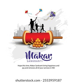 Indian festival Happy Makar Sankranti poster design with group of colorful kites flying cloudy sky. vector illustration design.