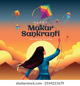 Indian festival Happy Makar Sankranti poster design with group  kites flying cloudy sky. abstract vector illustration design.