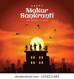 Indian festival Happy Makar Sankranti poster design with group  kites flying cloudy sky. abstract vector illustration design.