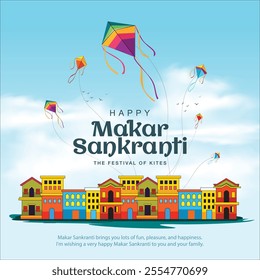 Indian festival Happy Makar Sankranti poster design with group of colorful kites flying cloudy sky. vector illustration design.