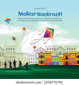 Indian festival Happy Makar Sankranti poster design with group of colorful kites flying cloudy sky. vector illustration design.