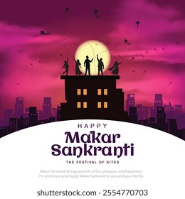 Indian festival Happy Makar Sankranti poster design with group of colorful kites flying cloudy sky. vector illustration design.