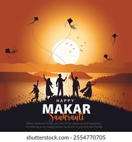 Indian festival Happy Makar Sankranti poster design with group of colorful kites flying cloudy sky. vector illustration design.