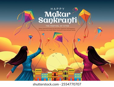 Indian festival Happy Makar Sankranti poster design with group of colorful kites flying cloudy sky. vector illustration design.