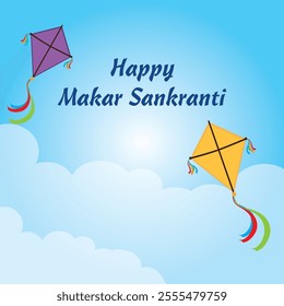 Indian festival Happy Makar Sankranti poster design with kites flying cloudy sky. abstract vector illustration design.