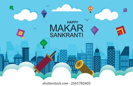 Indian festival Happy Makar Sankranti banner design with kites flying and string spool on cloudy sky