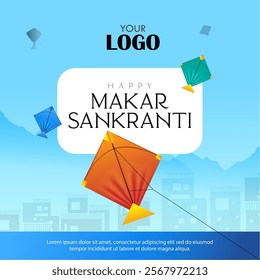 Indian festival Happy Makar Sankranti poster design with group of colorful kites flying cloudy sky. vector illustration design.