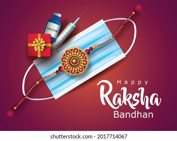 Indian festival happy Raksha Bandhan Greeting Card with Decorative Rakhi, surgical mask, Vector Illustration design. covid19, corona virus concept