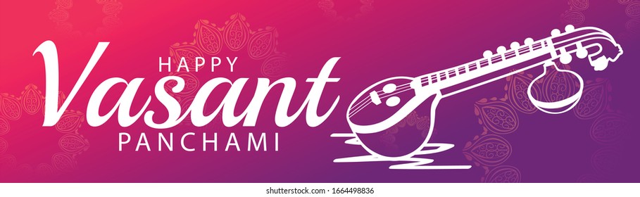 Indian Festival happy Vasant Panchami Celebration background With decorated veena.