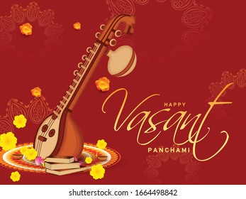 Indian Festival happy Vasant Panchami Celebration background With decorated veena.