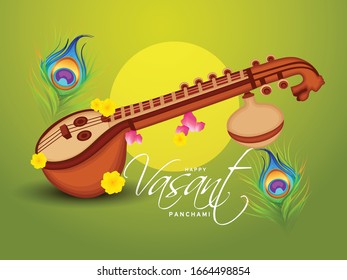 Indian Festival happy Vasant Panchami Celebration background With decorated veena.