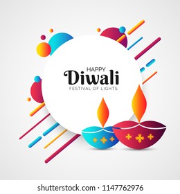 Indian festival of lights, Diwali celebration greeting card design with lit lamps and abstract elements decorated on white background.