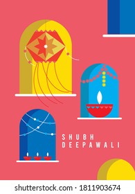 Indian Festival Of Lights. Diwali Vector Abstract Flat Illustration Background Or Poster.