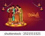 Indian festival of lights Happy Diwali with happy family, holiday Background, Diwali celebration greeting card, vector illustration design.	