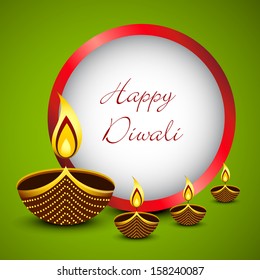 Indian festival of lights, Happy Diwali concept with illuminated oil lit lamps on green background. 