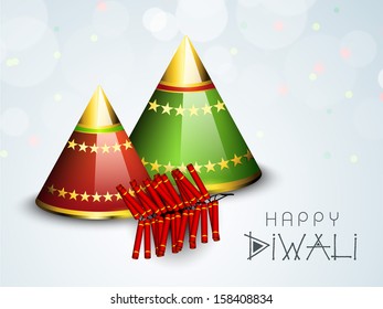 Indian festival of lights, Happy Diwali greeting card with colorful shiny firecrackers on shiny background.