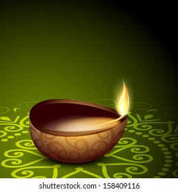 Indian festival of lights, Happy Diwali greeting card with illuminated tradition oil lit lamp on floral decorated green background. 