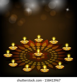 Indian festival of lights, Happy Diwali greeting card with colorful traditional oil lit lamps on floral decorated background. 