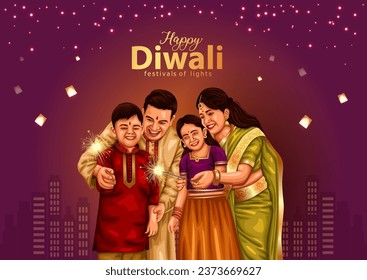 Indian festival of lights Happy Diwali with happy family, holiday Background, Diwali celebration greeting card, vector illustration design.	