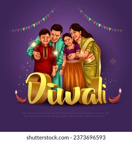 Festival indio de luces Feliz Diwali con familia feliz, fondo de vacaciones, tarjeta de saludo de celebración de Diwali, volante, diseño de ilustración vectorial.	