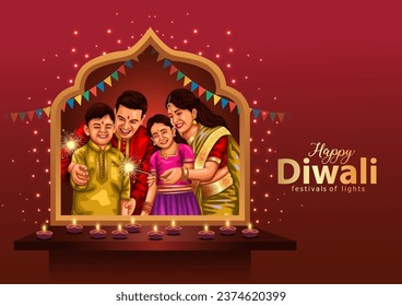 Indian festival of lights Happy Diwali with happy family, holiday Background, Diwali celebration greeting card, vector illustration design.	