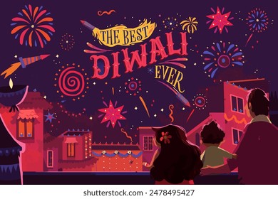 Festival indio de luces Feliz Diwali con familia feliz, fondo de vacaciones, tarjeta de felicitación de la celebración de Diwali, diseño de la Ilustración vectorial.