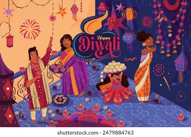 Indian festival of lights Happy Diwali with happy family, holiday Background, Diwali celebration greeting card, vector illustration design.