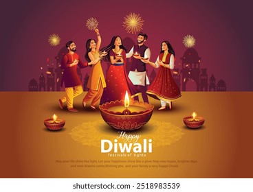 Festival indio de luces Diwali feliz con familia feliz, fondo de vacaciones, tarjeta de felicitación de la celebración de Diwali, diseño de Ilustración vectorial.	