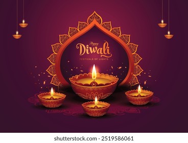 Festival indiano de luzes Feliz Diwali, fundo de férias, cartão de celebração de Diwali, design de ilustração vetorial abstrato.	