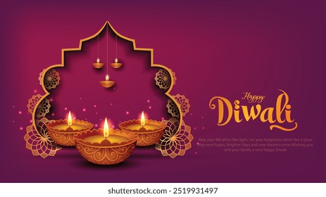 Festival indiano de luzes Feliz Diwali, fundo de férias, cartão de celebração de Diwali, design de ilustração vetorial abstrato.	