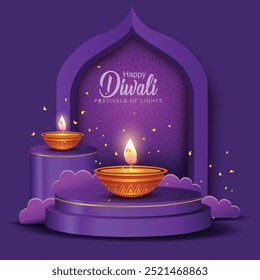 Festival indio de luces Happy Diwali, fondo de vacaciones, tarjeta de felicitación de la celebración de Diwali, diseño de Ilustración vectorial abstracto.	