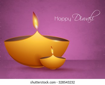 Indian Festival of Lights, Happy Diwali celebration with illuminated lit lamps on glossy purple background.