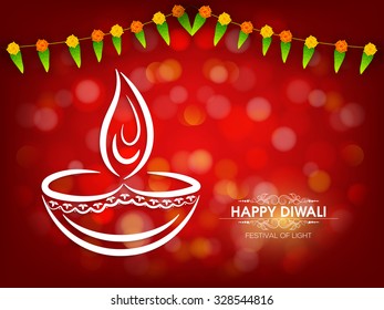 Indian Festival of Lights, Happy Diwali celebration with creative lit lamp on shiny red background.