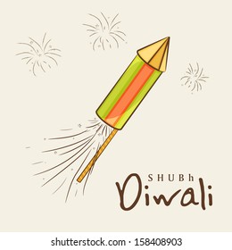 Indian festival of lights, Shubh Diwali (Happy Diwali) greeting card with colorful firecrackers on fireworks background.