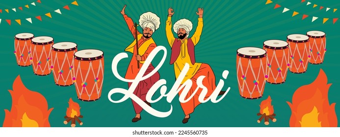 Indian Festival Lohri calligraphy with Punjabi man dancing and Indian Punjabi culture festival background vector for website banner design