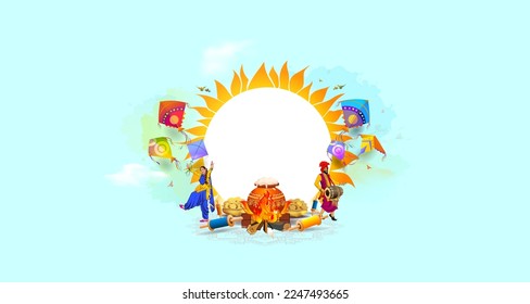 Indian festival of makar Sankranti Holiday. Sky, Kite and god sun. Greeting card Background. Poster banner template.