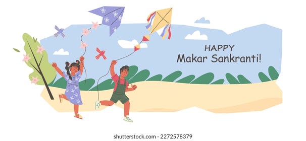 Indian festival Makar Sankranti poster or greeting banner design with kids flying kites in the sky, flat cartoon vector illustration isolated on white background.