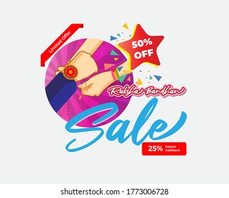 Indian festival offer banner /greeting background concept for raksha bandhan with brother sister, sacred love band on beautiful geometrical backdrop