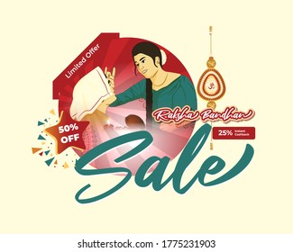 Indian festival offer banner /greeting background concept for raksha bandhan with brother sister, sacred love band on beautiful geometrical backdrop
