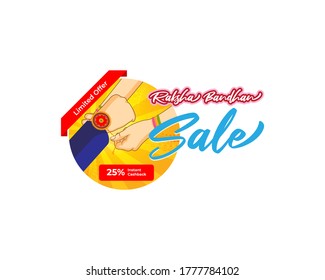 Indian festival offer banner /greeting background concept for raksha bandhan with brother sister, sacred love band on beautiful geometrical backdrop, written text means rakhi