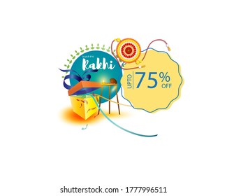 Indian festival offer banner /greeting background concept for raksha bandhan with brother sister, sacred love band on beautiful geometrical backdrop, written text means rakhi