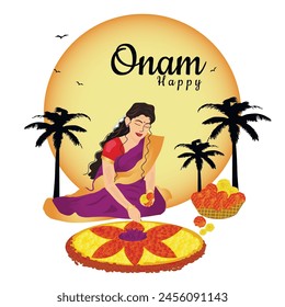 Indian festival Onam. The girl lays out flowers