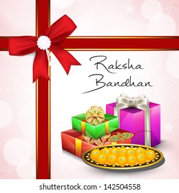 Indian festival Raksha Bandhan background with beautiful rakhi, gifts box and sweets.