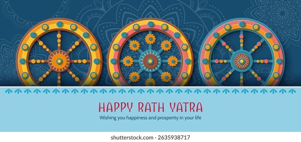 Indian festival Rath Yatra. Festive paper cut style banner with decorative patterned wheels