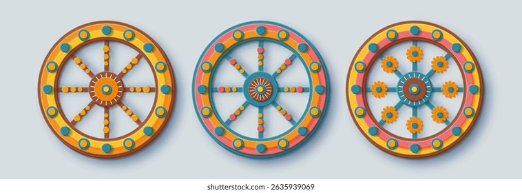 Indian festival Rath Yatra. Set of decorative patterned wheels. Festive paper cut style banner